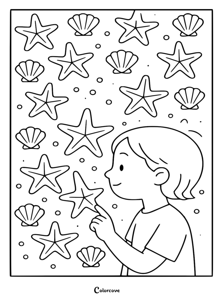 A young girl with short hair reaches out to touch a starfish on this aquarium theme coloring page featuring shells and bubbles.