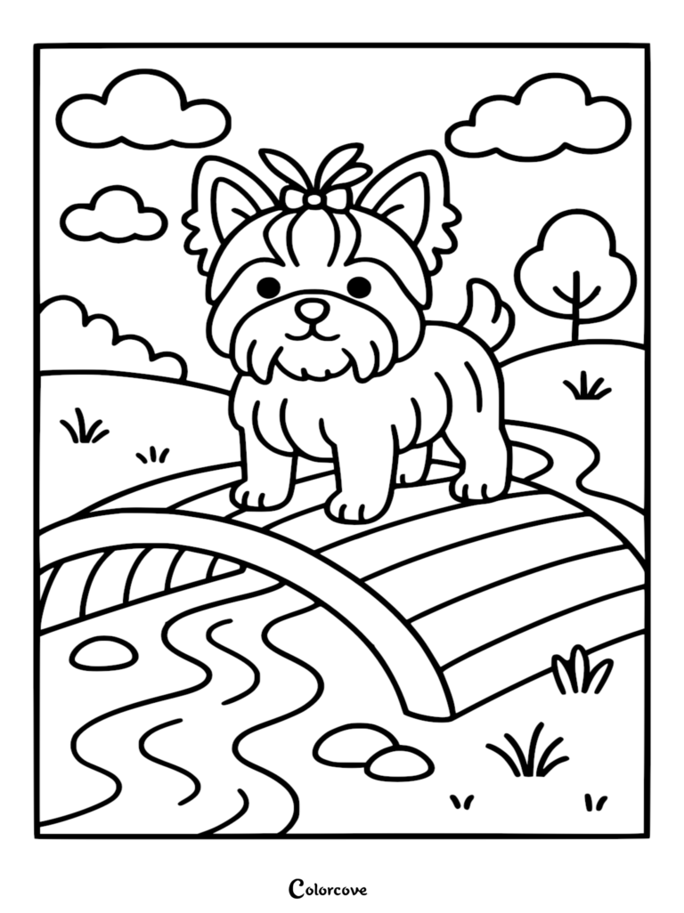 A cute Yorkshire Terrier with a bow standing on a small wooden bridge over a stream in this free printable coloring page.
