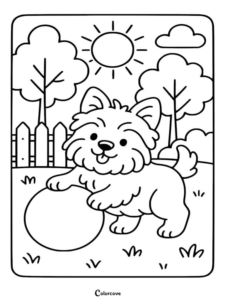 A happy Corgi standing on grass playing with a round ball in a sunny park with trees and a wooden fence, line art coloring page.