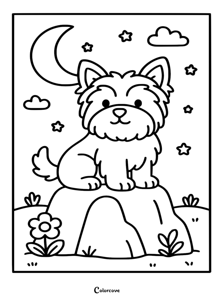 A cute cartoon Corgi sitting on a rock under a night sky with a crescent moon and stars in this printable coloring page.