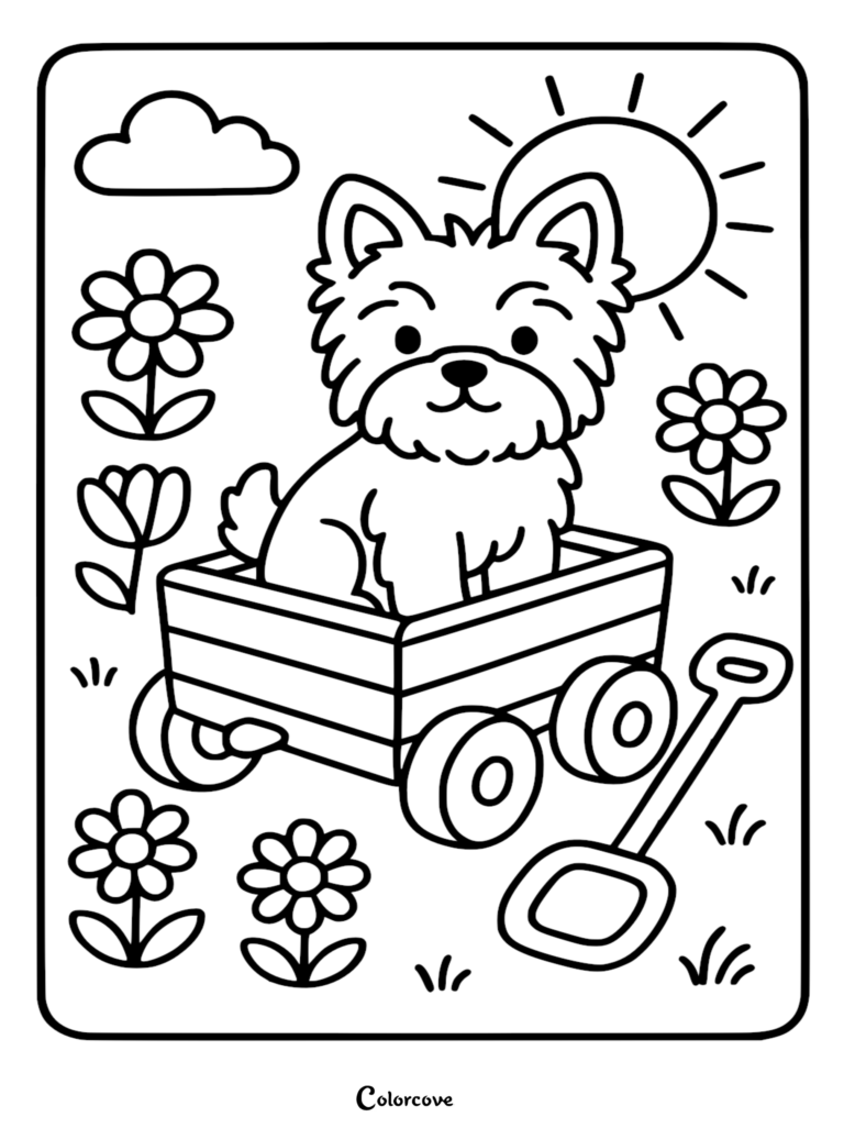 A cute Corgi sitting inside a wooden wagon surrounded by flowers and a shovel in this printable coloring page for children.