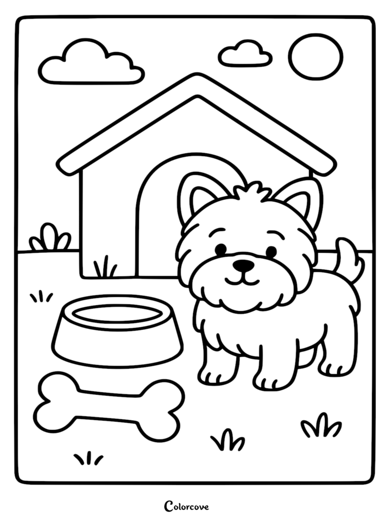 A cute cartoon Corgi standing next to its doghouse with a bowl and a bone, in this printable coloring page for kids.