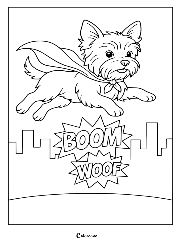 A brave superhero corgi wearing a cape flying over a city skyline with BOOM and WOOF speech bubbles in this printable coloring page.