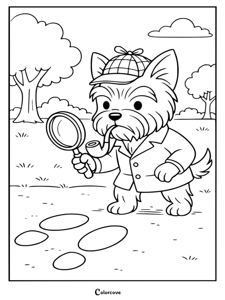 A printable coloring page of a cute Corgi dressed as a detective with a deerstalker hat and pipe, holding a magnifying glass over paw prints in a park.