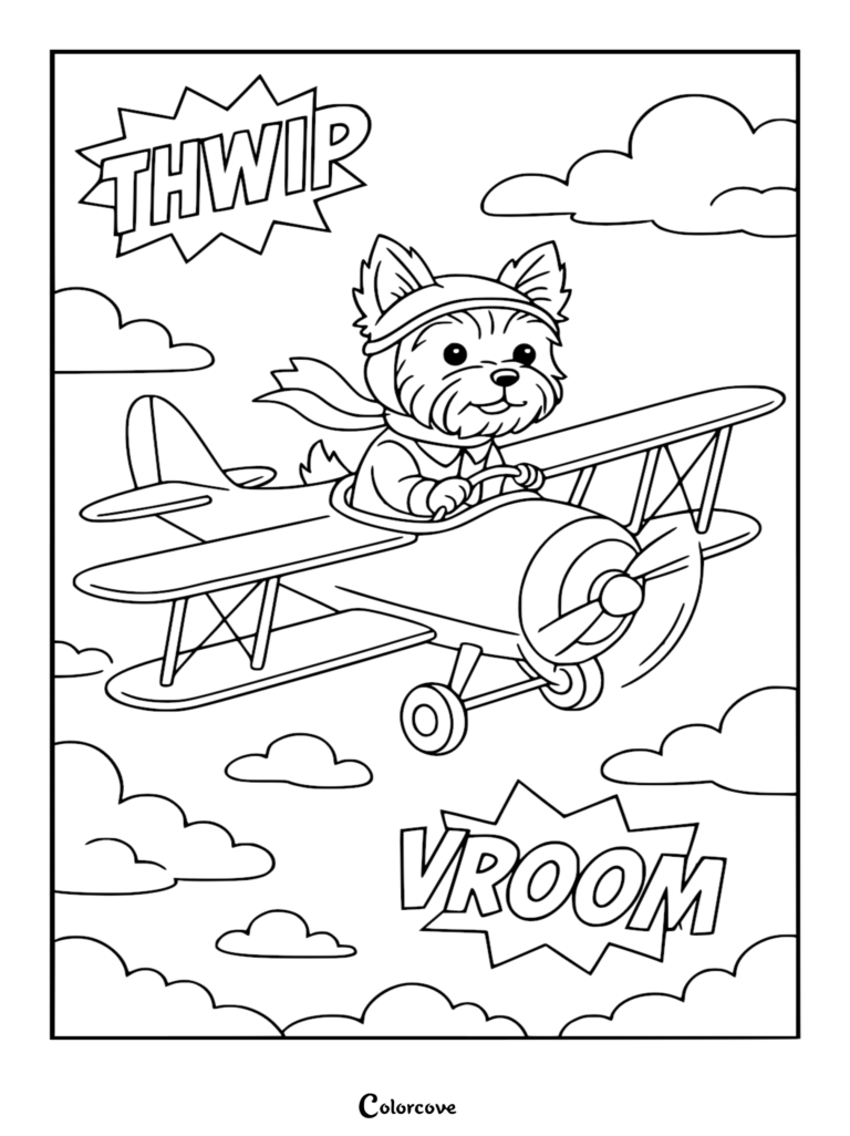 A cute Corgi wearing an aviator hat and scarf, flying a vintage biplane through the clouds with comic book sound effects in this printable coloring page.