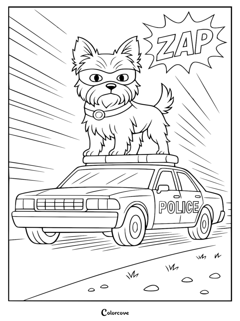 A printable coloring page featuring a heroic Yorkshire Terrier wearing a mask standing on top of a speeding police car with a ZAP comic book style speech bubble.