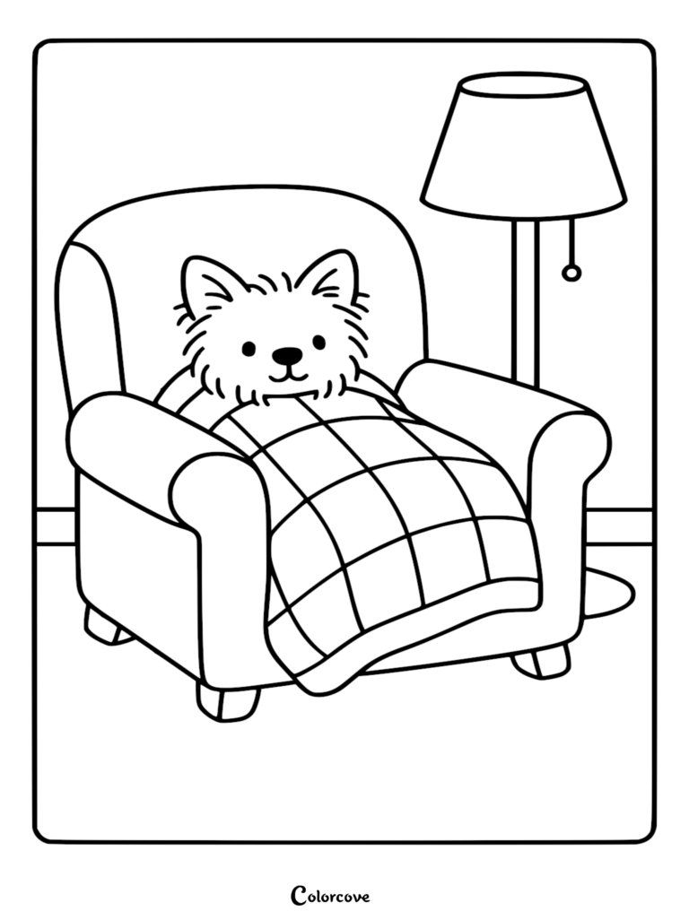 A cute Corgi tucked under a checkered blanket in an armchair with a floor lamp nearby, coloring page illustration.