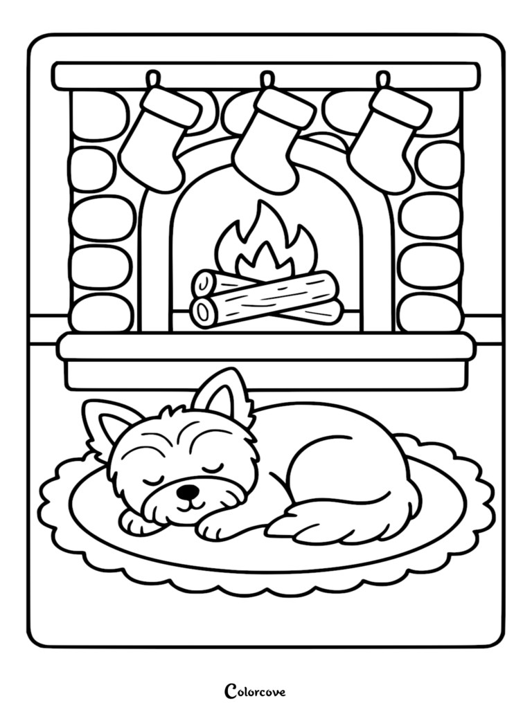 A sleeping Corgi curled up on a decorative rug in front of a stone fireplace with Christmas stockings, printable coloring page.