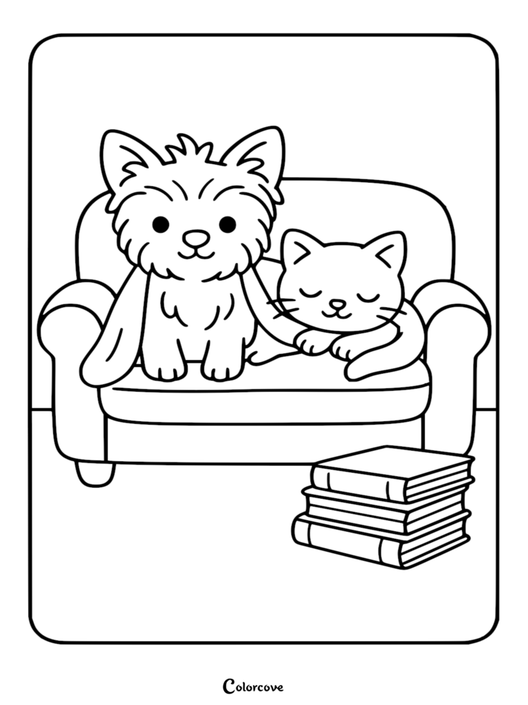 A cute Corgi and a sleeping kitten sitting together on an armchair, a stack of books nearby, simple line art coloring page.
