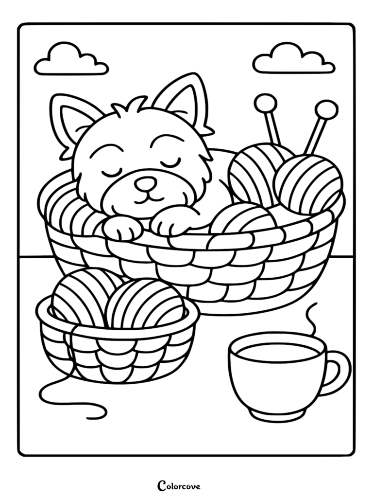 A cute Corgi puppy sleeping peacefully inside a woven basket filled with yarn balls and knitting needles, rendered as a printable coloring page.