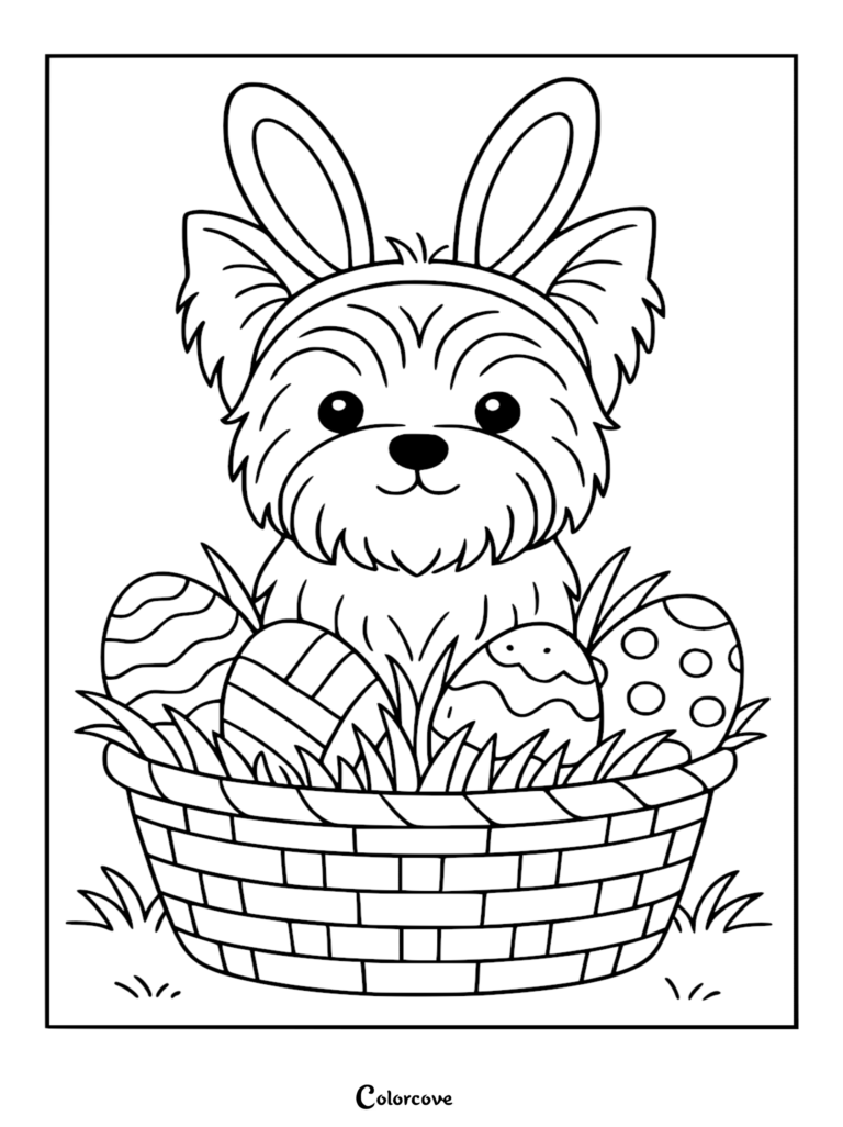 A cute Corgi wearing Easter bunny ears sitting inside a woven basket filled with patterned Easter eggs, line art coloring page.