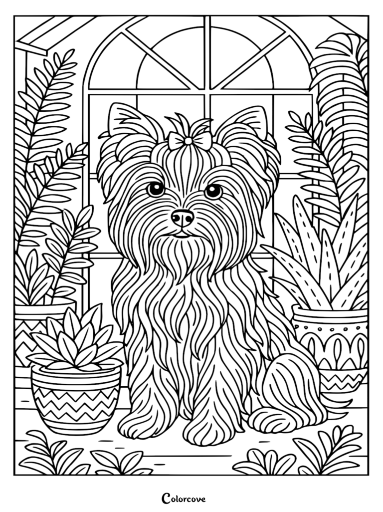 A printable coloring page featuring a fluffy Yorkshire Terrier with a small bow, sitting inside a greenhouse surrounded by potted ferns and succulents.