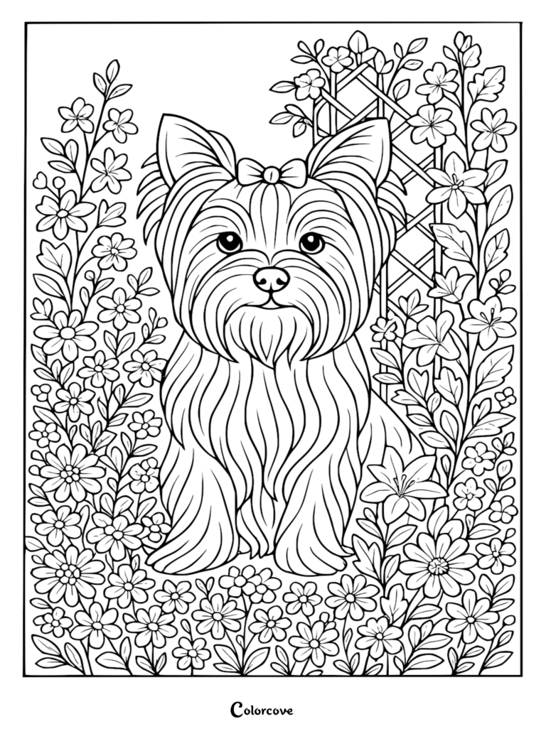 A Yorkshire Terrier with a hair bow sits in a flower garden with a wooden trellis, black and white line art coloring page.