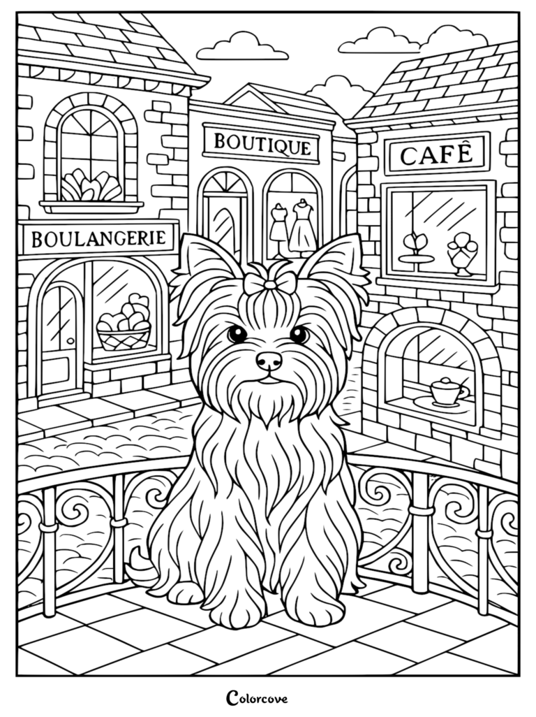 A cute Yorkshire Terrier sitting on a bridge with a bow in its hair, set against a backdrop of a Parisian street with a boutique, cafe, and boulangerie coloring page.