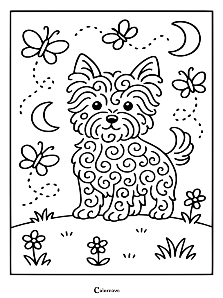 A whimsical line art coloring page featuring a Corgi with swirling fur patterns standing in a flower field with butterflies and crescent moons.