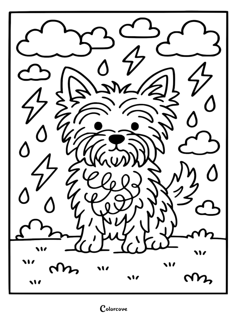 A printable coloring page featuring a fluffy Yorkshire Terrier sitting in a grassy field during a rainstorm with lightning bolts and clouds.