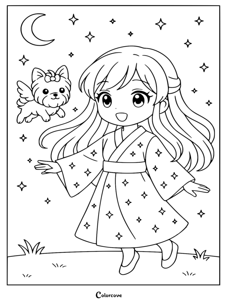A cute anime girl in a star-patterned kimono dancing with a tiny winged puppy in a night sky coloring page.