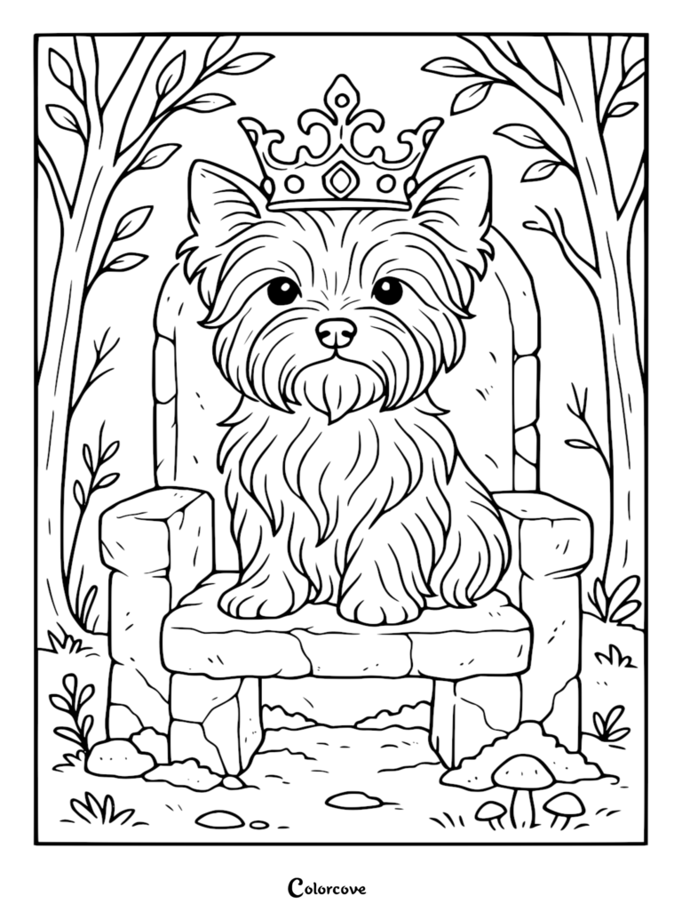 A fluffy Corgi wearing a regal jeweled crown sitting on a stone throne in a forest setting, black and white line art coloring page.