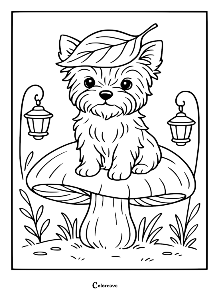 A cute Yorkshire Terrier puppy wearing a large leaf hat sits on a giant mushroom between two hanging lanterns, outline style coloring page.