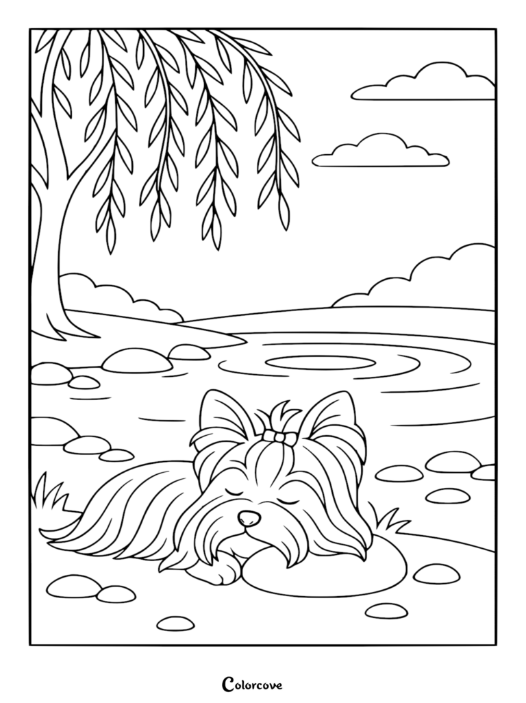 A Yorkshire Terrier with a small hair bow resting by a pond under a weeping willow tree, illustrated as a printable coloring page.