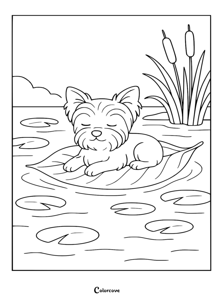 A Yorkshire Terrier resting with closed eyes on a large floating leaf in a pond with lily pads and cattails in this line art coloring page.