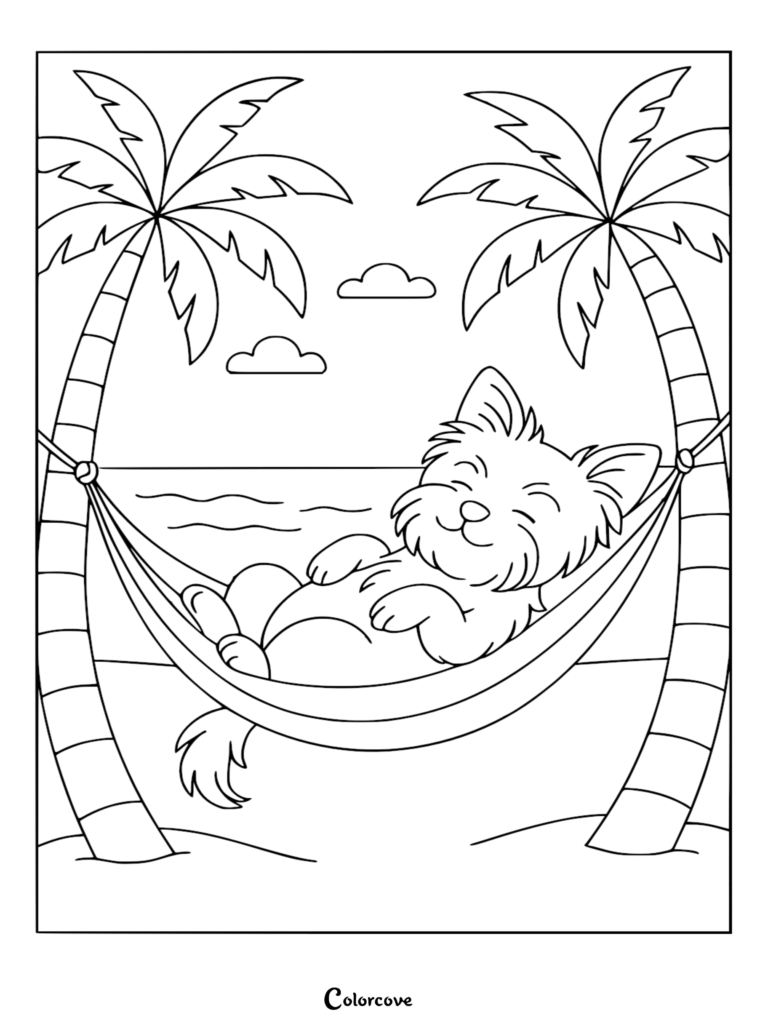 A cute Corgi dog with a happy expression sleeping in a hammock strung between two palm trees on a sunny beach in this printable coloring page.