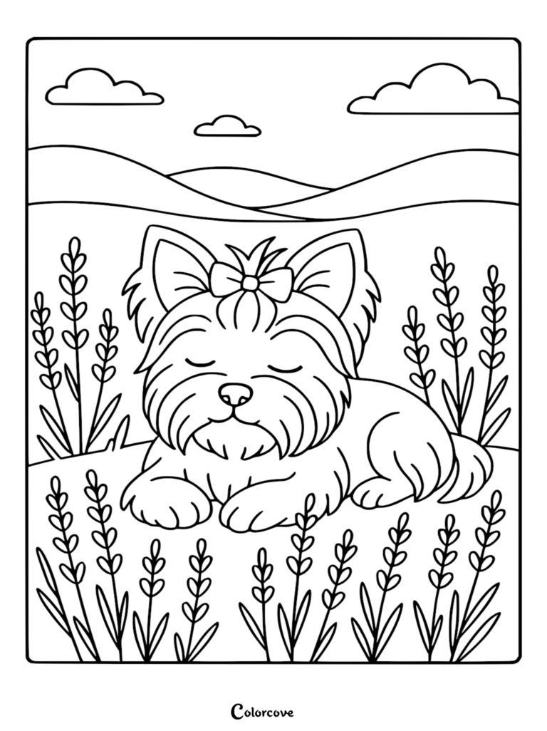 A printable coloring page of a small Yorkshire Terrier with a bow resting in a field of lavender under a cloudy sky.