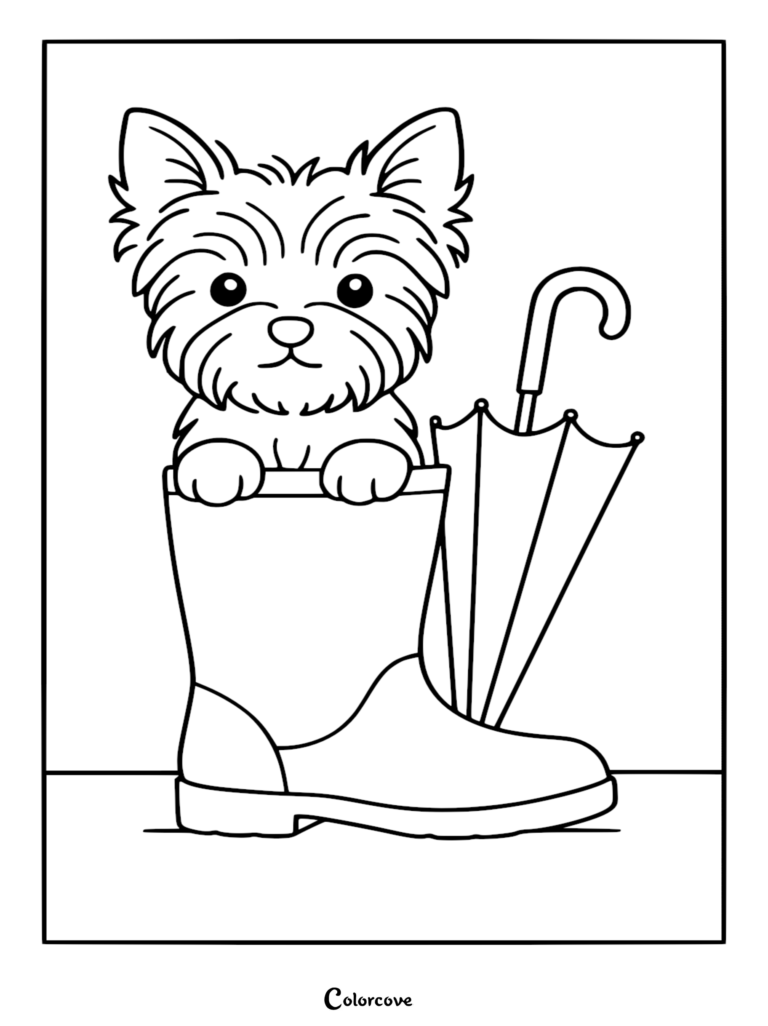 A fluffy puppy sitting inside a rain boot next to a closed umbrella, printable line art coloring page.