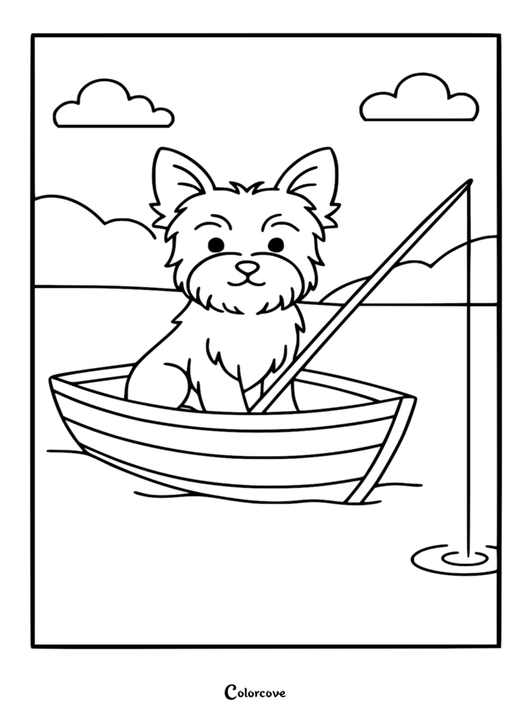 A cute cartoon Corgi sitting in a small rowboat holding a fishing rod on this printable coloring page.
