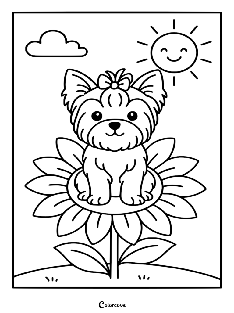 A cute Yorkshire Terrier puppy with a small bow sits in the center of a large sunflower on this printable coloring page, with a smiling sun and cloud above.