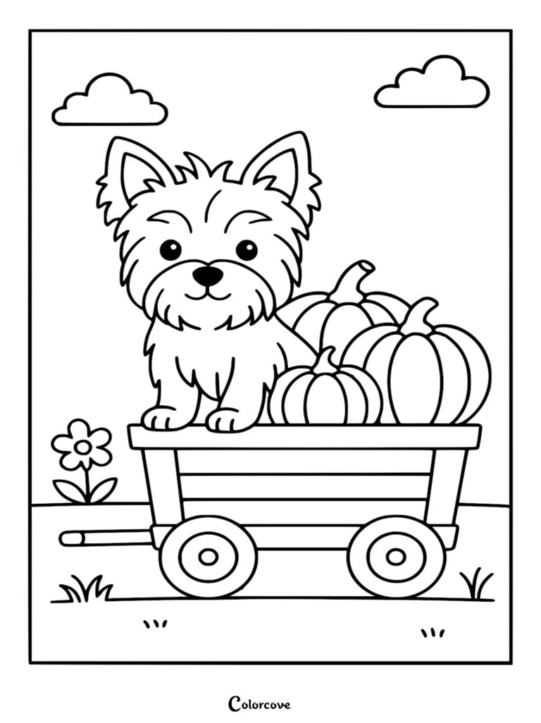 A cute Corgi sitting in a wooden wagon filled with three pumpkins in an autumn field, coloring page.