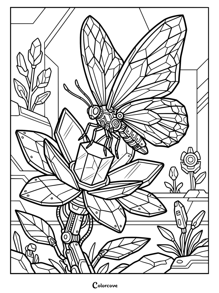 A mechanical butterfly with geometric crystal wings perched on a robotic flower in a futuristic garden, detailed line art coloring page.