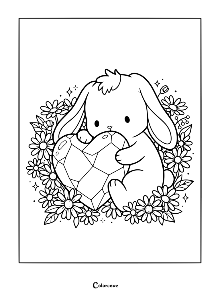A cute lop-eared bunny hugging a large faceted heart-shaped crystal, surrounded by daisies, in a line art coloring page.
