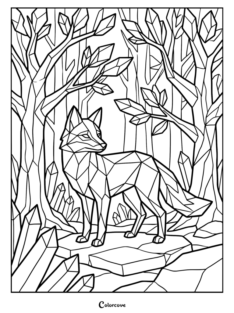 A geometric line art coloring page featuring a stylized fox standing in a forest filled with sharp crystal formations and angular trees.