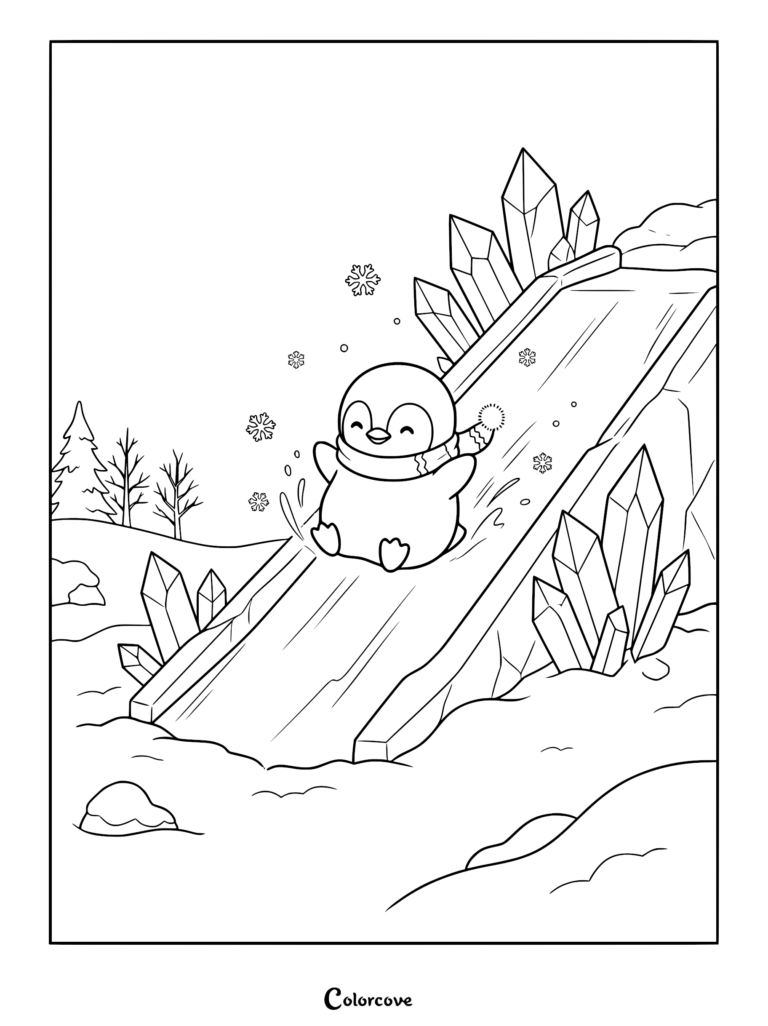 A cute penguin wearing a scarf sliding down a crystal-lined icy ramp, featured in a winter-themed coloring page.