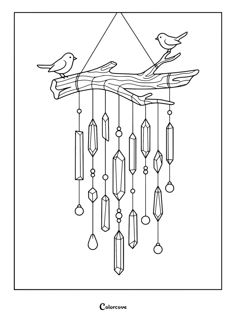 A printable coloring page featuring a rustic wooden branch with two small birds perched on top and hanging crystal prisms and beads.