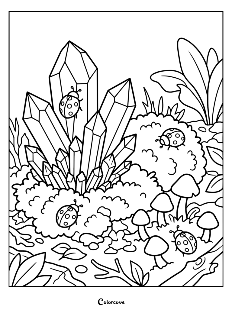 A detailed coloring page featuring ladybugs crawling on a cluster of sharp crystals surrounded by mushrooms and forest foliage.