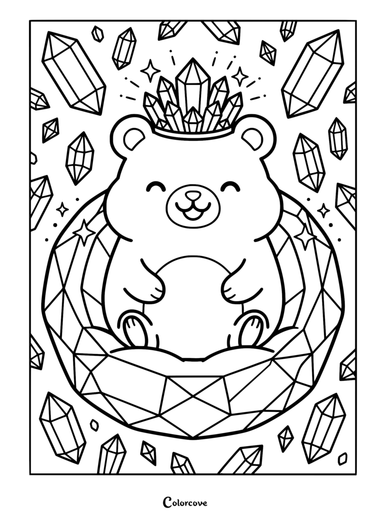A cute cartoon bear wearing a crystal crown while sitting inside a large faceted gemstone, surrounded by floating crystals in this printable coloring page.