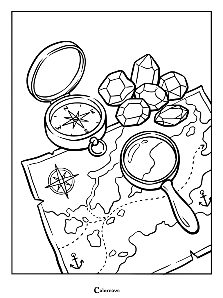 A printable coloring page featuring a treasure map with a compass, a magnifying glass, and a pile of faceted crystals.