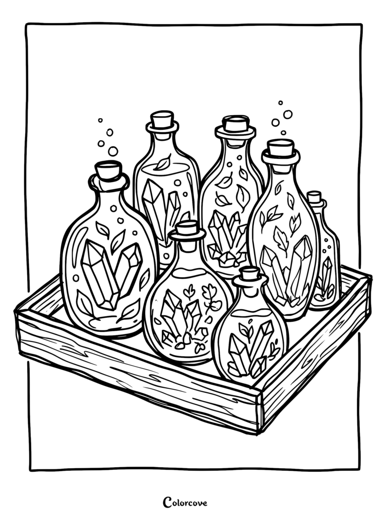 A coloring page featuring a wooden tray filled with six glass potion bottles containing various crystals and leaves.
