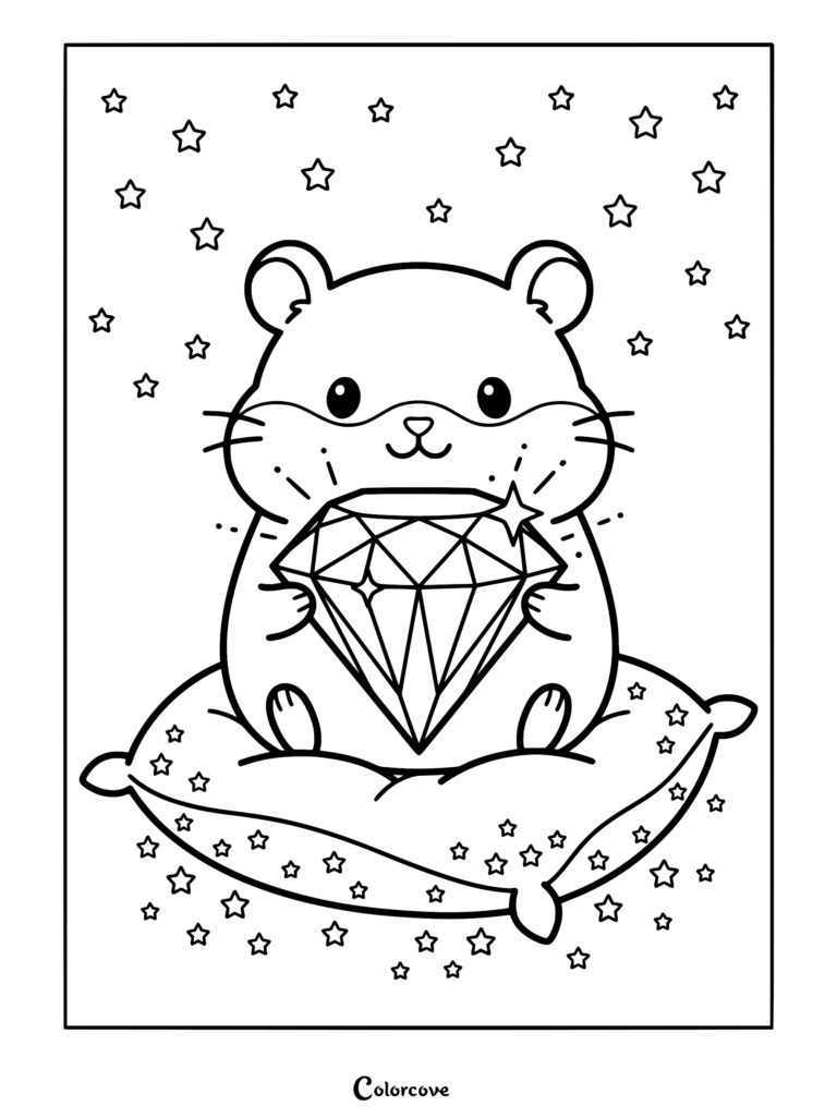 A cute hamster sitting on a pillow holding a large sparkling crystal, coloring page with star background.