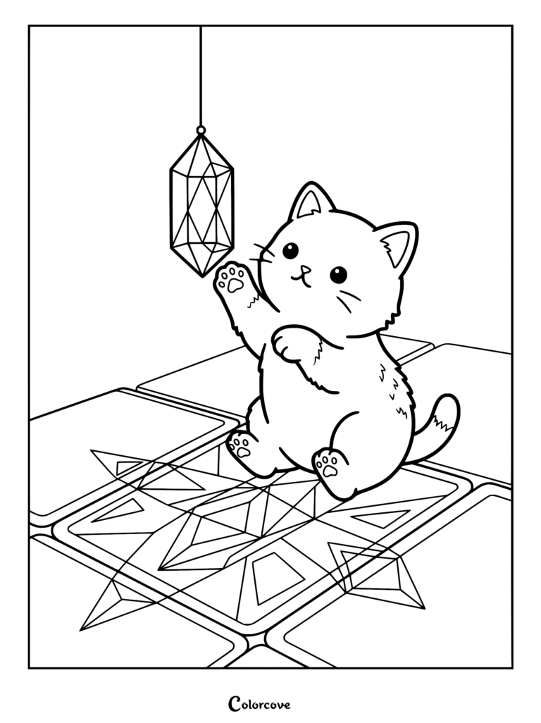 A cute kitten sitting on a geometric patterned floor reaching up to bat at a hanging faceted crystal in this free printable coloring page.