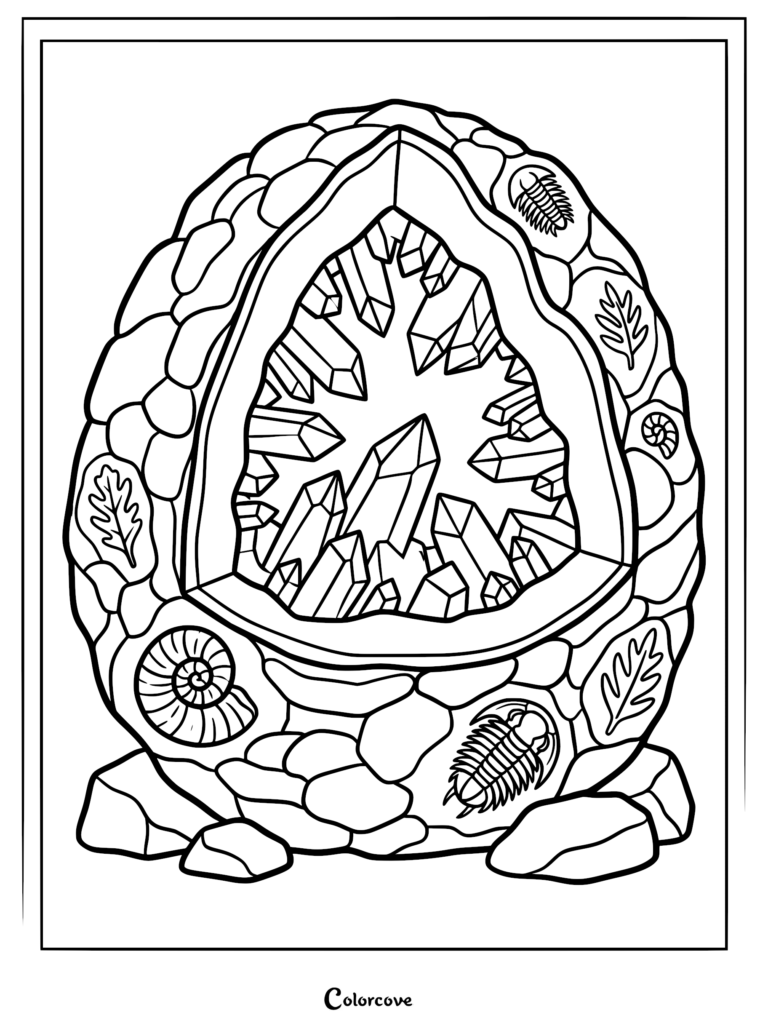 A detailed coloring page of a cracked geode filled with sharp crystals, surrounded by embedded fossils like trilobites, ammonites, and prehistoric leaves.