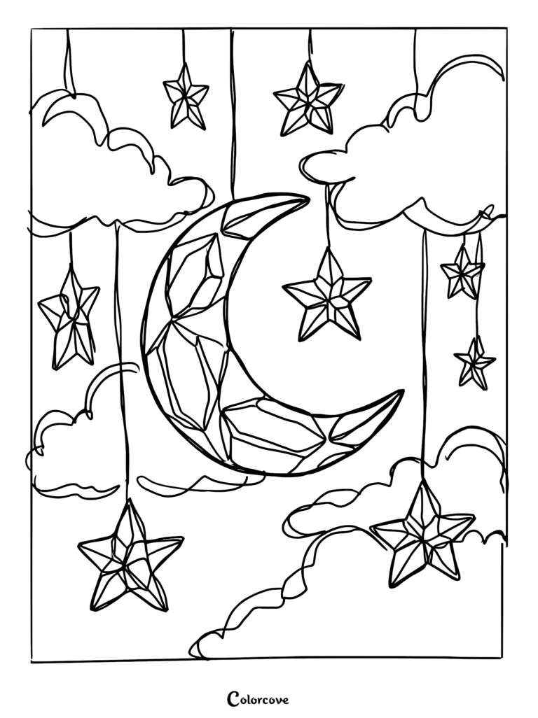 A crystal moon and hanging star ornaments coloring page with fluffy clouds in the background.