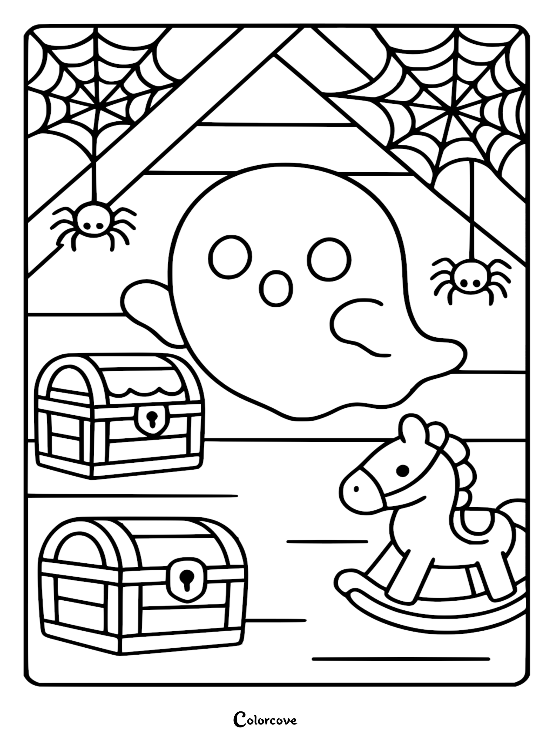 A printable coloring page featuring a cute ghost floating in an attic with two treasure chests, a rocking horse, and spiders on webs.