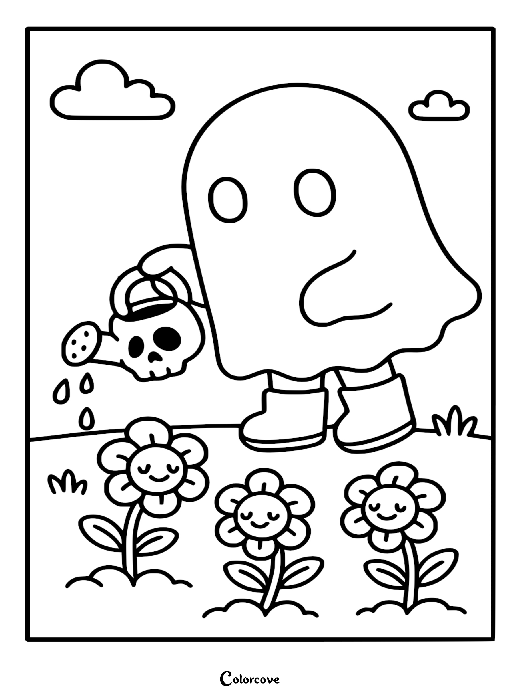 A cute ghost wearing boots waters three happy flowers with a skull-shaped watering can in a coloring page.