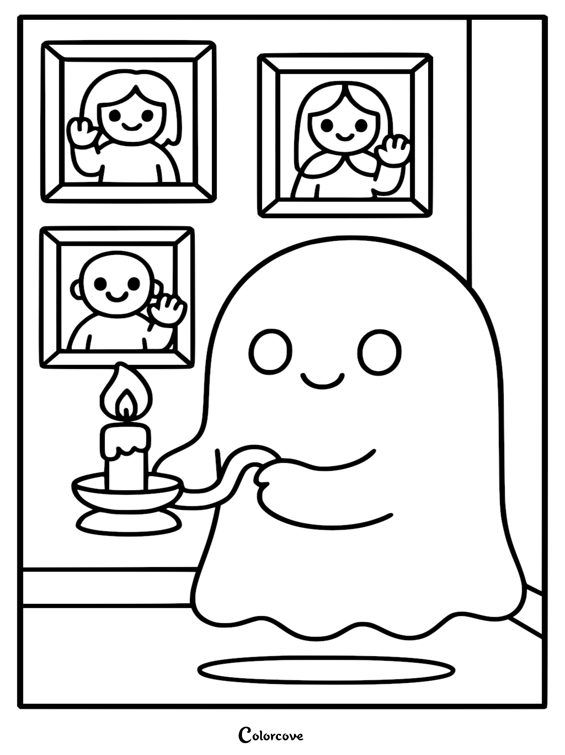 A cute ghost holding a lit candlestick in front of a wall adorned with three portrait frames showing smiling people waving, free printable coloring page.