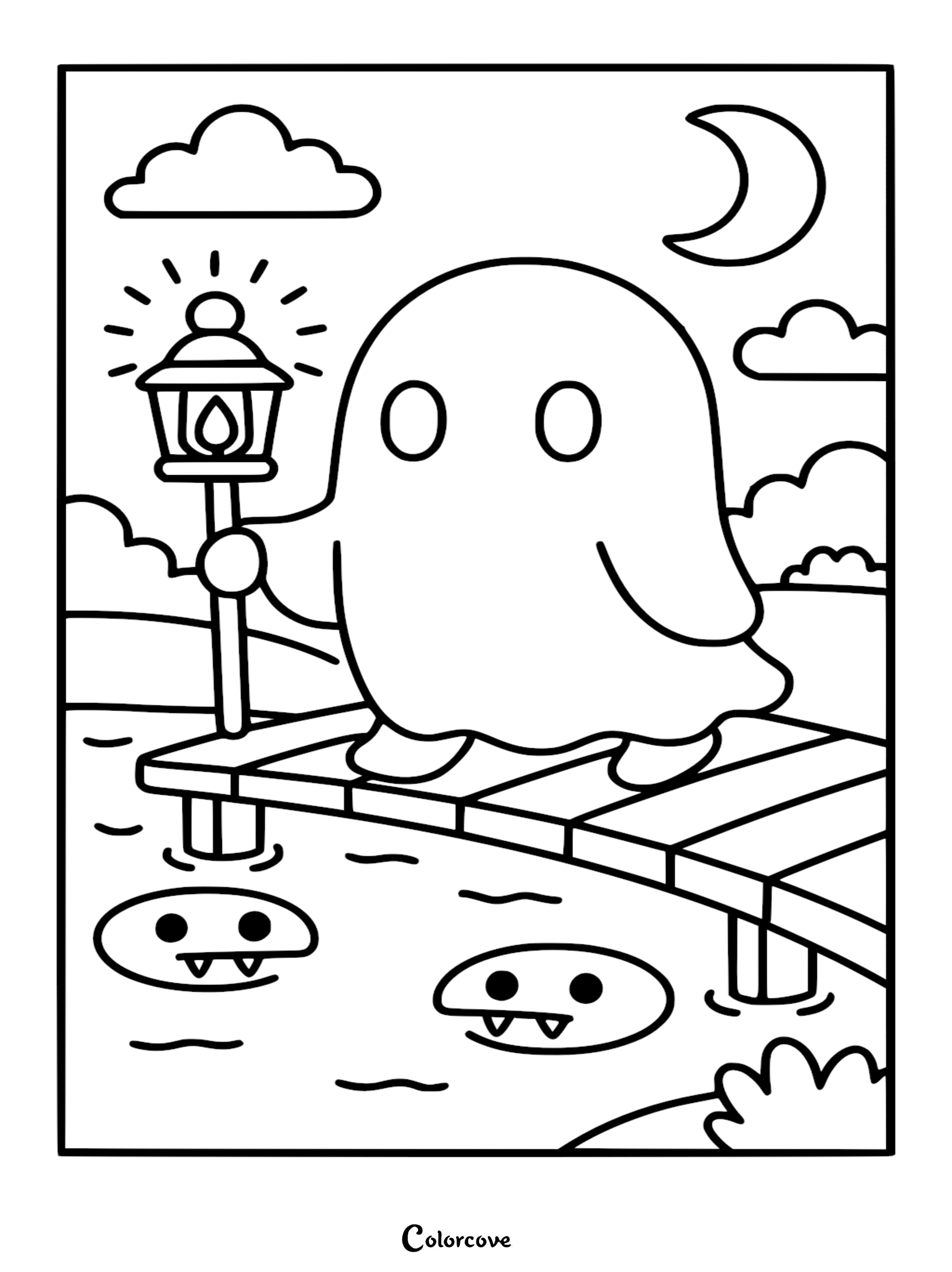 A printable coloring page of a free cute ghost holding a lit lantern on a wooden dock with fanged lily pads in the water under a crescent moon.