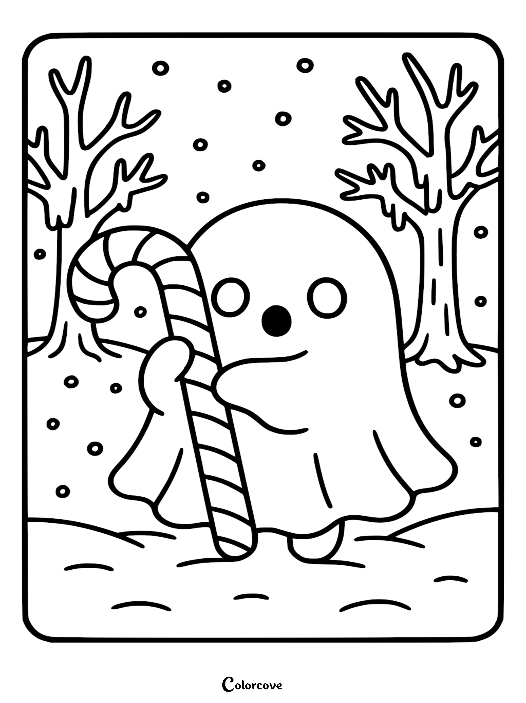 A cute ghost holding a large candy cane in a snowy forest scene, featured in a printable coloring page.