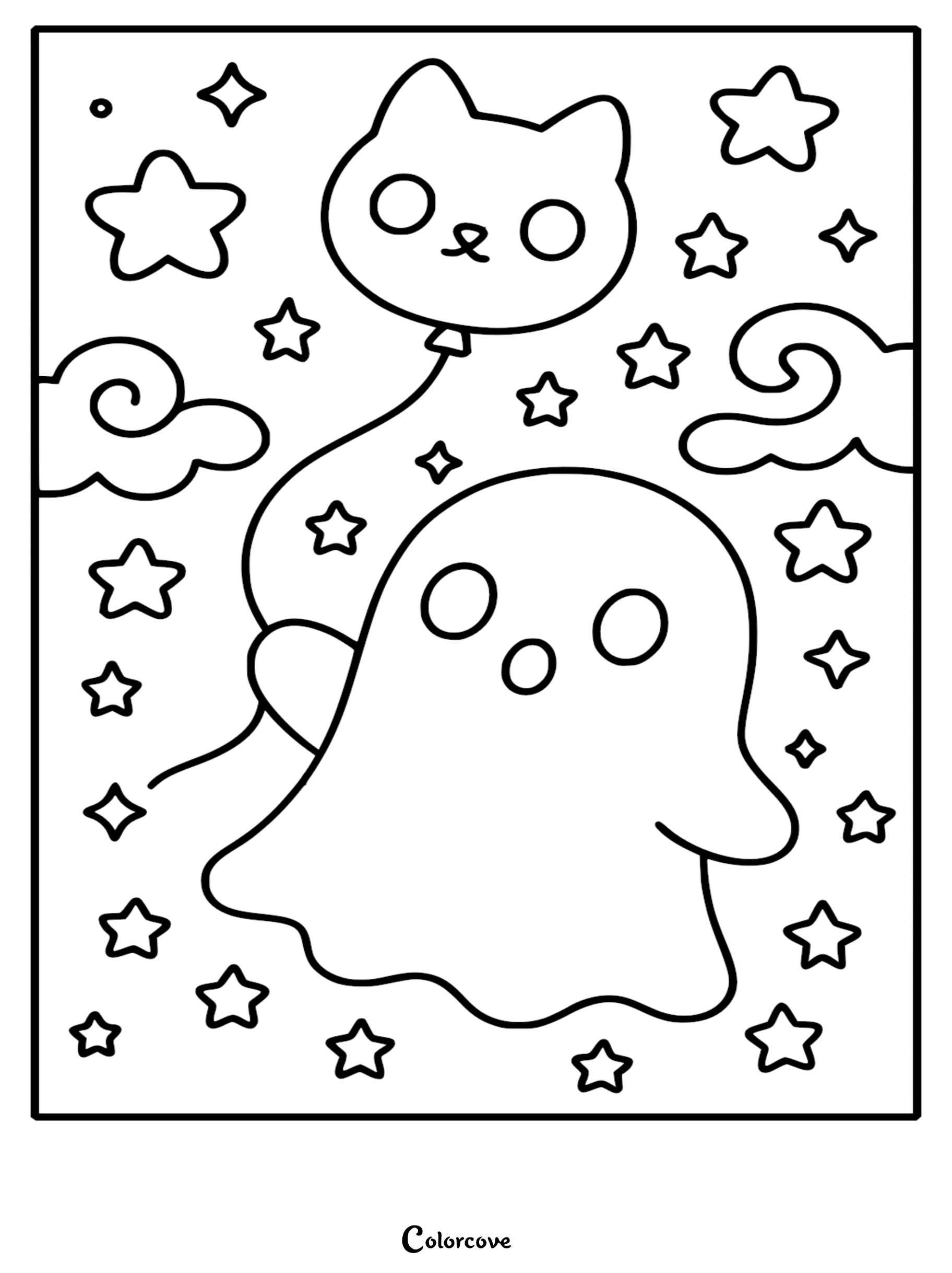 A printable coloring page featuring a kawaii ghost holding a balloon shaped like a cat, surrounded by stars and clouds.